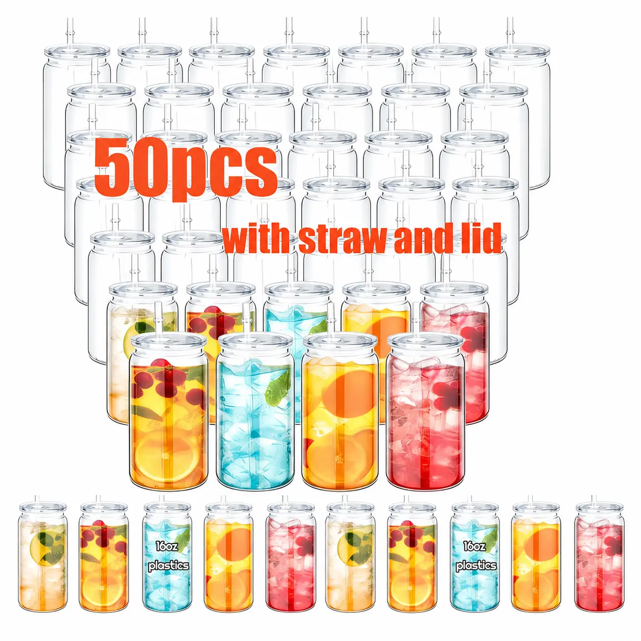 50pcs 16oz Clear Plastic Acrylic Water Bottles with Lids and Straws, Single-Wall Reusable Cup Container for UV DTF Wraps, Bulk Washable Drinkware Tumbler Portable Bottled