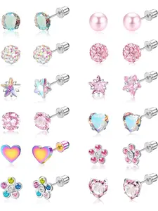12 Pairs Hypoallergenic Earrings for Girls Women Stainless Surgical Steel Screw Flat Back Stud Earrings Cute CZ Flower Tiny Screwback Studs Set Toddler Kids Baby 20G Stud Earring Jewelry