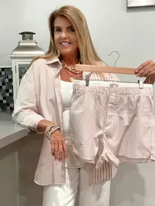Striped Oversized Comfy Shirt Top & Short Set Fit Spring 2 piece