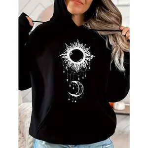 Women's sun and moon celestial motif with a dreamcatcher-like aesthetic Graphic - Black Long Sleeve Pullover Regular Fit | Soft & Breathable Fabric, Durable Print, Everyday Comfort, Machine Washable , casual, bohemian-inspired graphic design