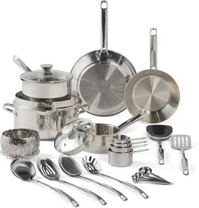 T-fal Gourmet Stainless Steel Cookware Set: 20-Piece Kitchen Essentials, Induction Compatible, Dishwasher Safe, Oven Safe to 500F, Durable Pots and Pans with Steamer for Versatile Cooking