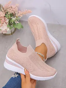2026 Women's Rhinestone Knit Slope Heel Sneakers, Breathable Slip-On Thick Sole Height-Boosting Shoes, Comfortable Lightweight Casual Shoes