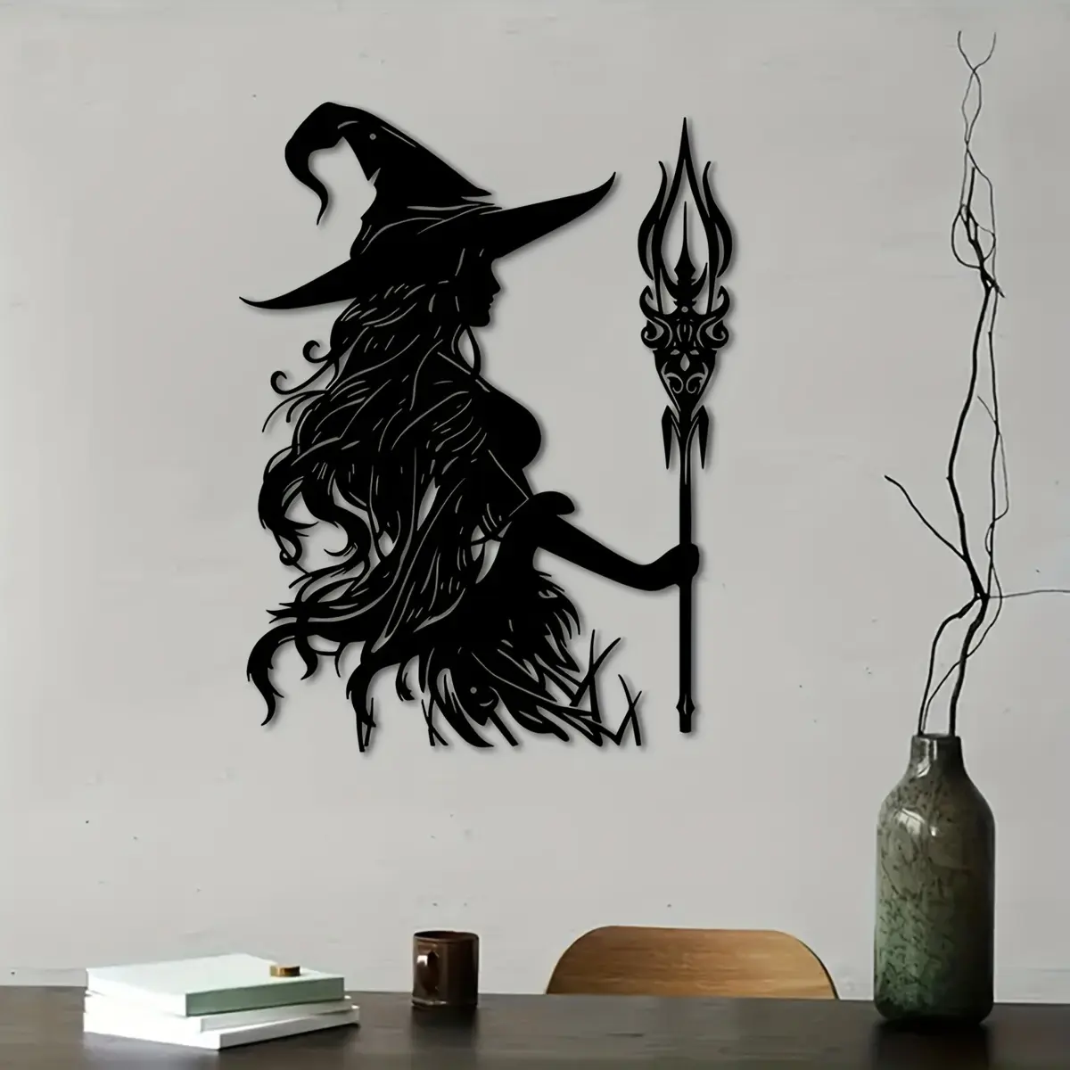 Gothic Witch Metal Wall Sculpture, Witch Holding Staff Silhouette, Farmhouse Style Decor, Bedroom Decor, Halloween Gift, Indoor Outdoor Home Decoration, Cool Wall Art, Hanging Ornaments