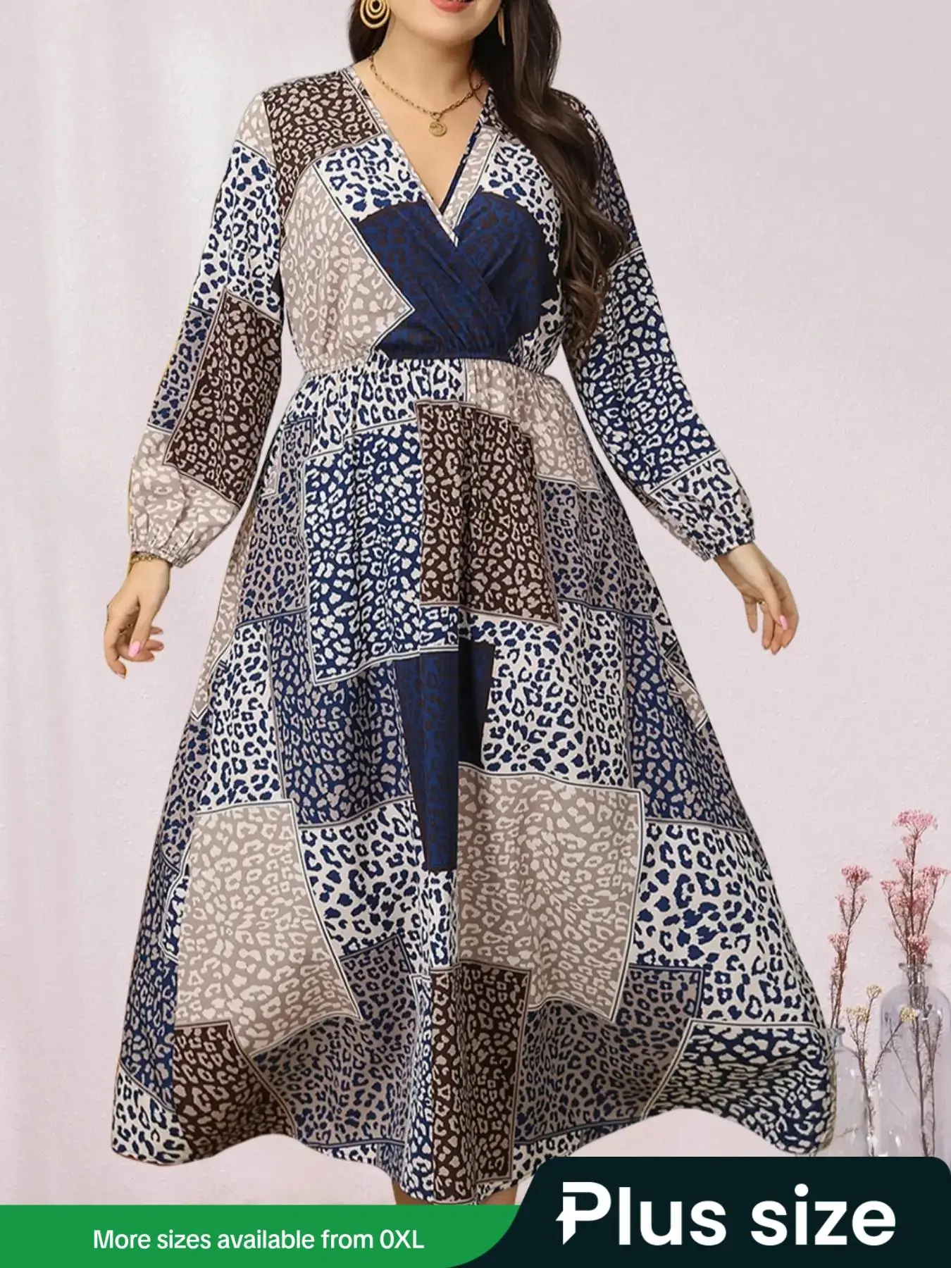 Plus Size Leopard & Patchwork Print Wrap V Neck A Line Dress, Casual Fashion Bishop Sleeve Long Dress for Daily Outdoor Wear, Women Plus Clothing for