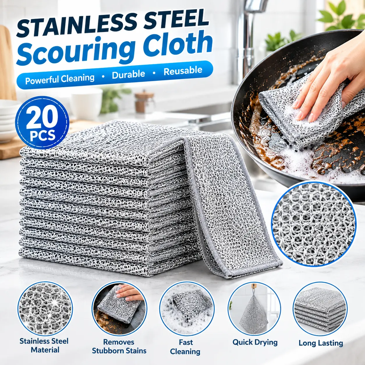 Stainless Steel Reusable Wire Cloth Rags - Lightweight, Absorbent Mesh Sponges with Wool for Household Kitchen Use, Multi-Purpose for Sink Cookware, Glass Surfaces