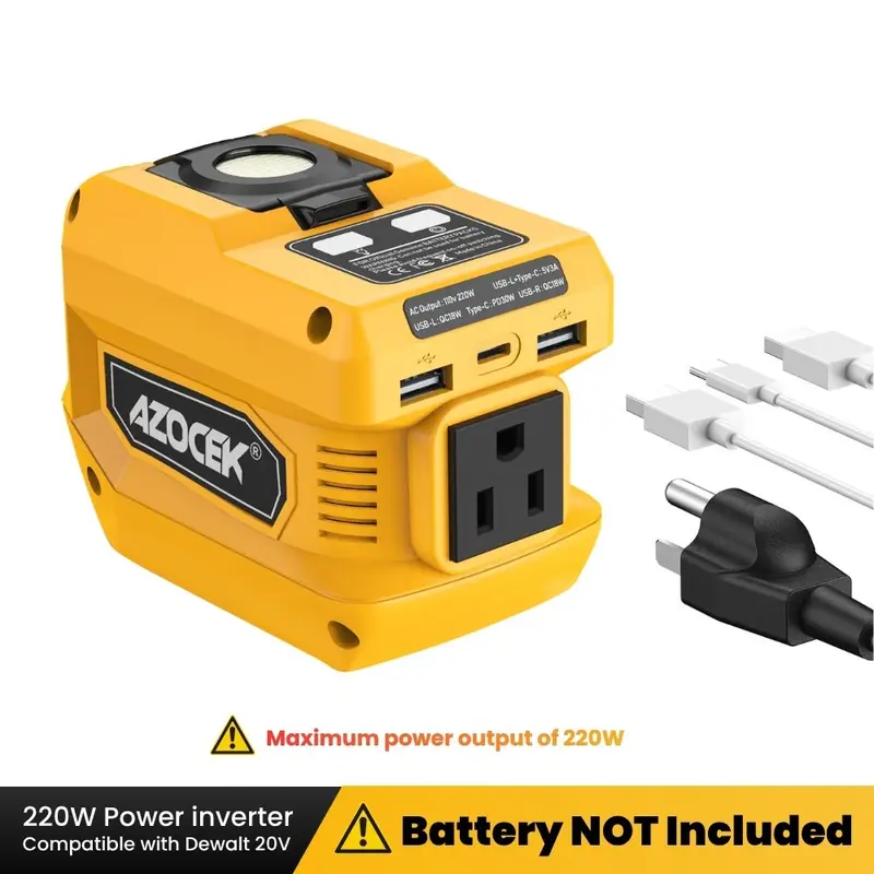 【Battery Not Included】Azocek 220W Portable Power Inverter Compatible with Dewalt 20V Battery, 400LM LED Work Light, DC 20V to AC 110V Converter — Ideal for Home Emergency Power, Outdoor Camping, Vehicle Maintenance & Job Sites