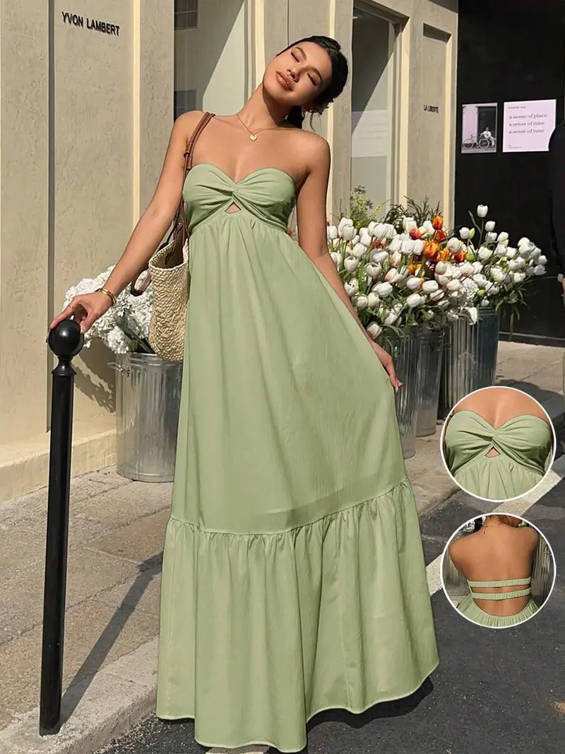 bohemian sage bridesmaid dress Zapaka Women Dusty Sage Boho Chiffon Long Bridesmaid Dress Halter Wedding Party Dress with Slit, Chiffon color / US2 main image 0