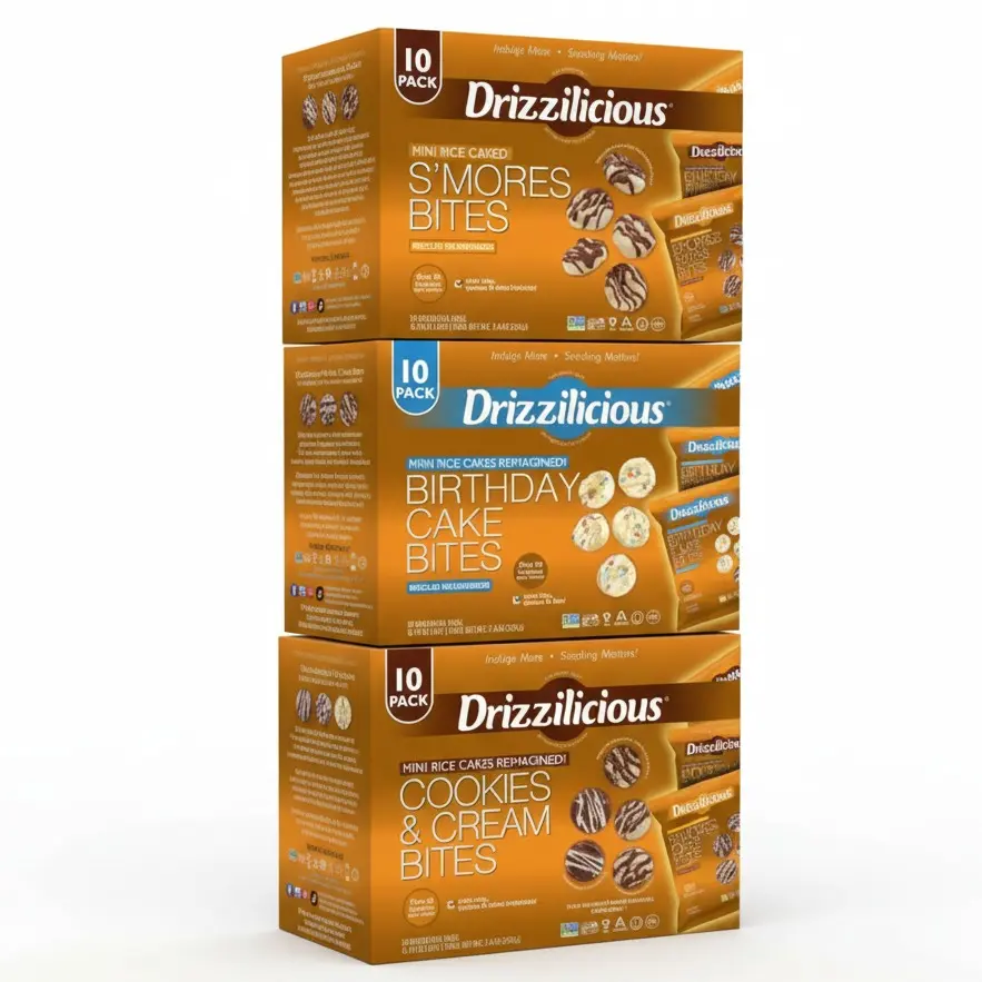 Drizzilicious 30-Pack Mini Snack Bags – Cookies & Cream, S’mores & Birthday Cake – Gluten-Free, Vegan, 90 Calorie Rice Crisps