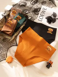 Women's Halloween Pumpkin Print High-Waist Underwear, Breathable Comfortable Triangle Panties, Perfect for Holiday Parties & Daily Wear