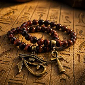 Ankh and Eye of Horus Bracelets Set (Red Tiger's Eye/Bronze