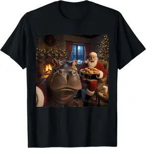 [100% Cotton] Hippo Selfie with Santa Claus Funny Christmas Meme T-Shirt