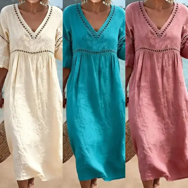 Women's V-Neck Solid Color Dress | Elegant Casual Spring Summer Midi Dress | Lightweight Flowy Sleeveless Lounge Outfit for Women