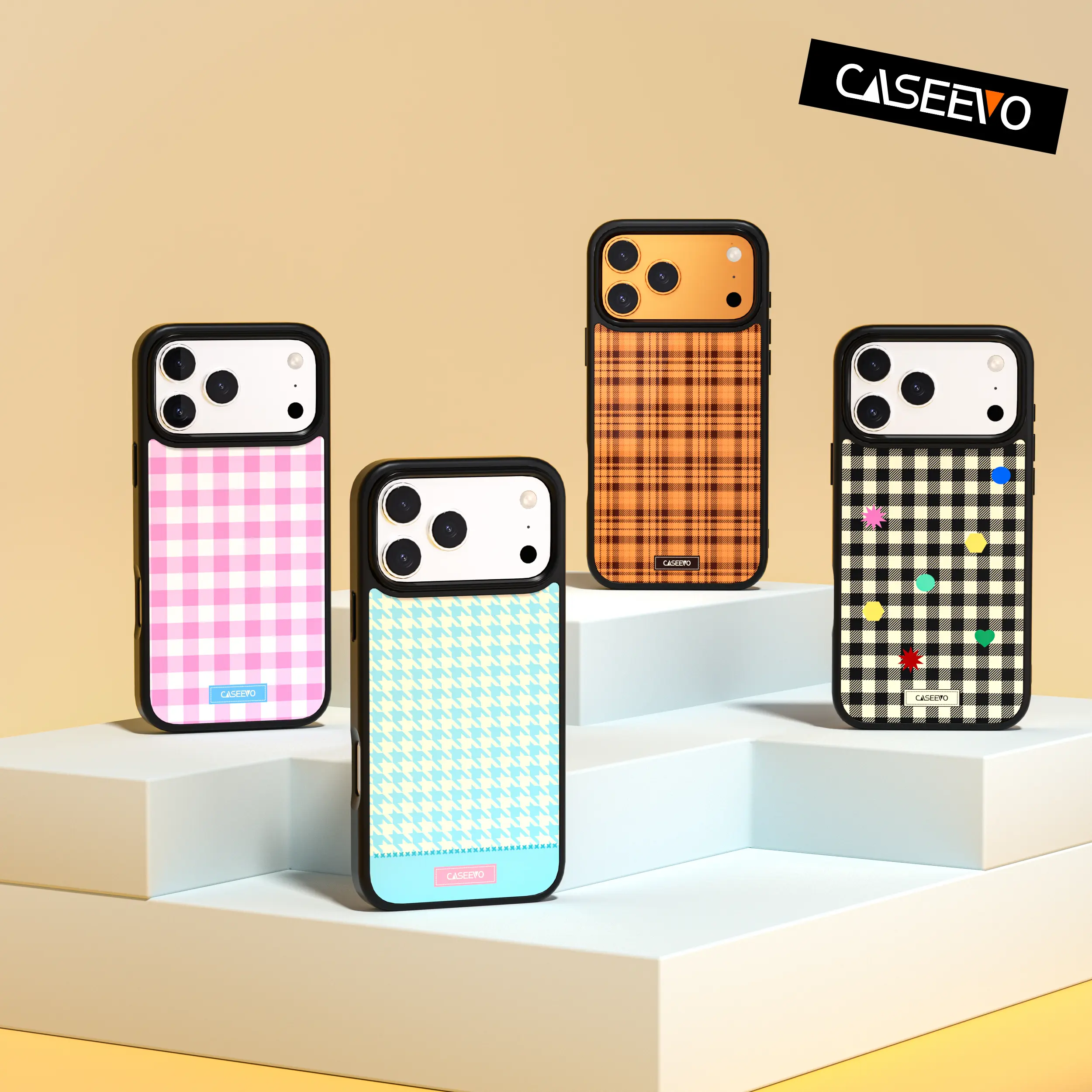 CaseEvo magnetic protective case for iPhone 15/16/17 Pro Max. Checkered pattern, drop-resistant, shockproof, comfortable to hold