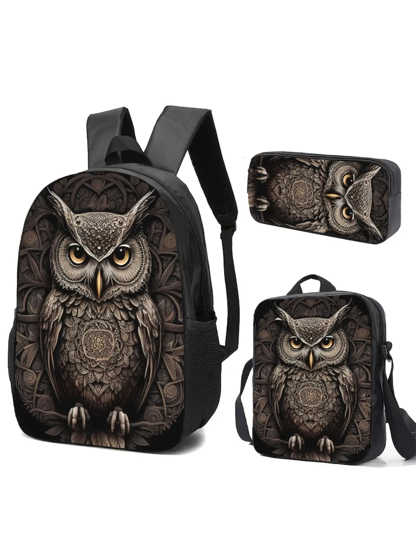 3pcs Owl Backpack Set | Includes Dual-Shoulder Backpack, Shoulder Bag, and Handbag with Adjustable Straps, Ideal for Travel or Daily Commute, Stylish Handle Design, Spacious for Laptops, Machine Washable, Street Style, Backpack for Gifts