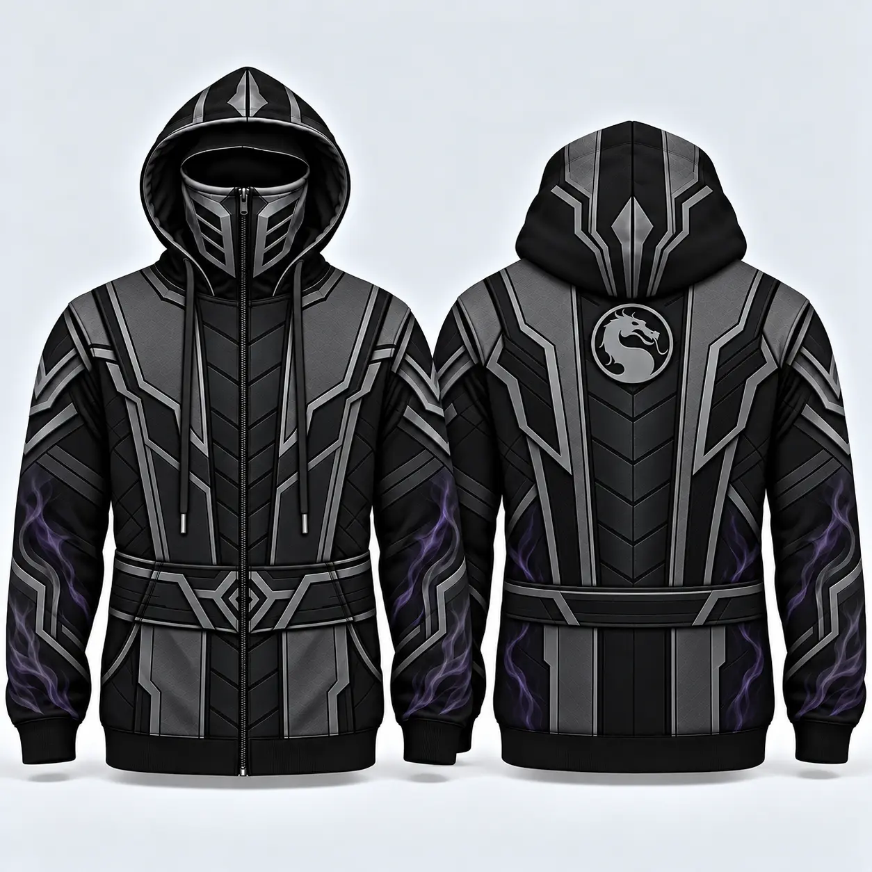 Mortal Kombat Noob Saibot Men’s Zip-Up Hoodie, Black Silver Ninja Armor & Purple Smoke Print Hooded Sweatshirt, Cosplay Gamer Gift