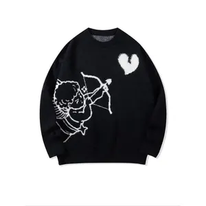 Men’s drop-shoulder sweater with angel, heart, and letter print; casual, soft, comfortable long-sleeve crewneck jumper for spring and fall; fashionable men’s clothing for everyday wear