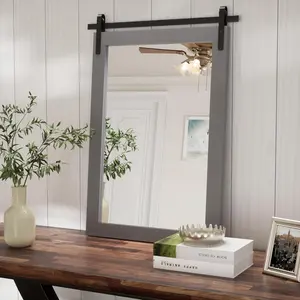 Farmhouse Wall Mirror, Rustic  Frame Bathroom Mirror Barn Door Inspired Decorative Vanity Dress Mirrors for Living Room Entryway, 18x26 INCH Gray Vertical