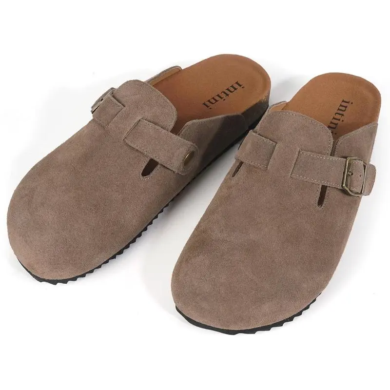 Men's Women's Adjustable Buckle Potato Shoes Suede Clogs Mens Leather Mules Cork Footbed Sandals