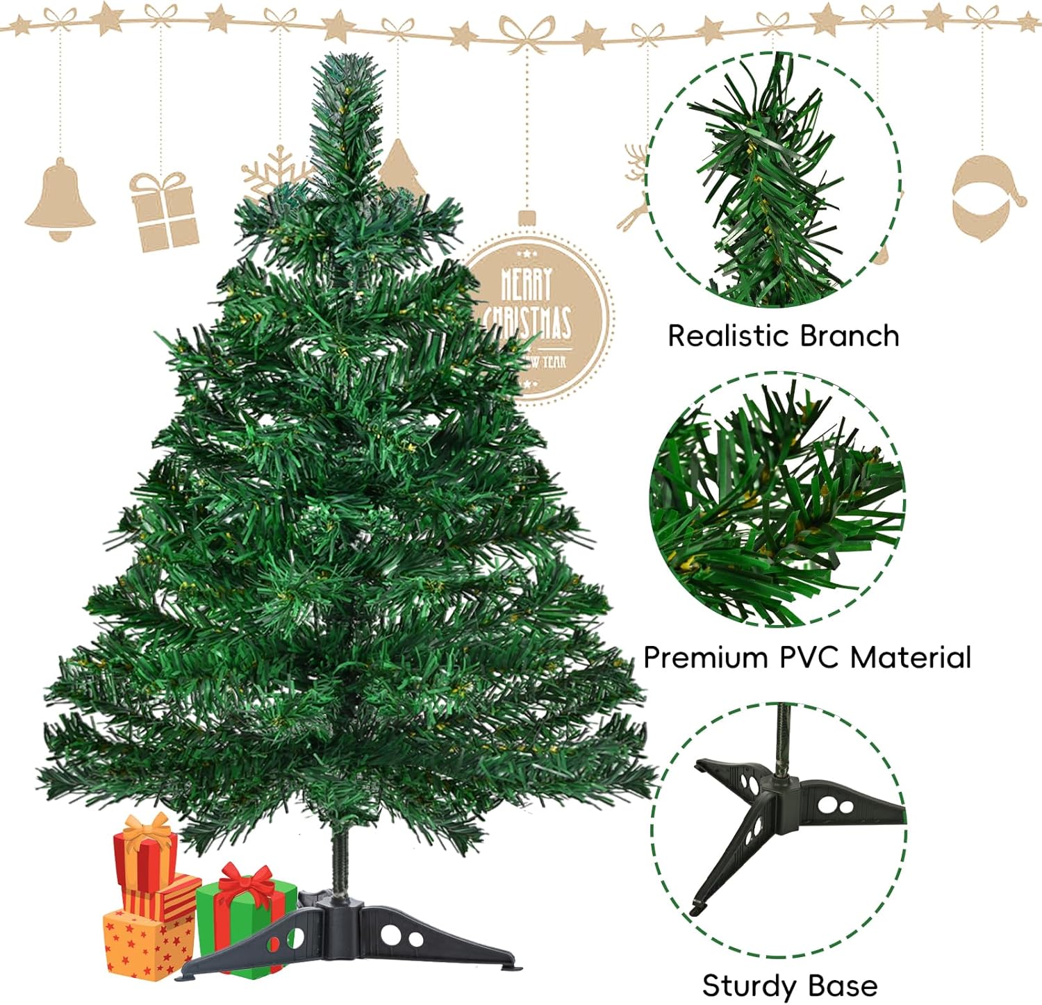 Okicoler 3ft Spruce Artificial Christmas Tree with Warm White & Colorful Lights Foldable Base Easy Assembly for Home Office Party Decoration