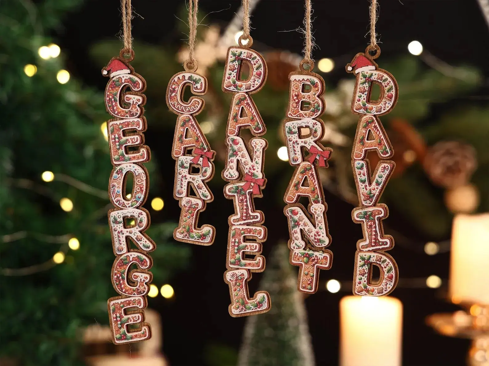Christmas Gingerbread Cookie Letter Ornaments Personalized Initial Alphabet Pink Brown Xmas Tree Decor Holly Floral Snowflake Winter Holiday Home Farmhouse Decoration Gift Idea