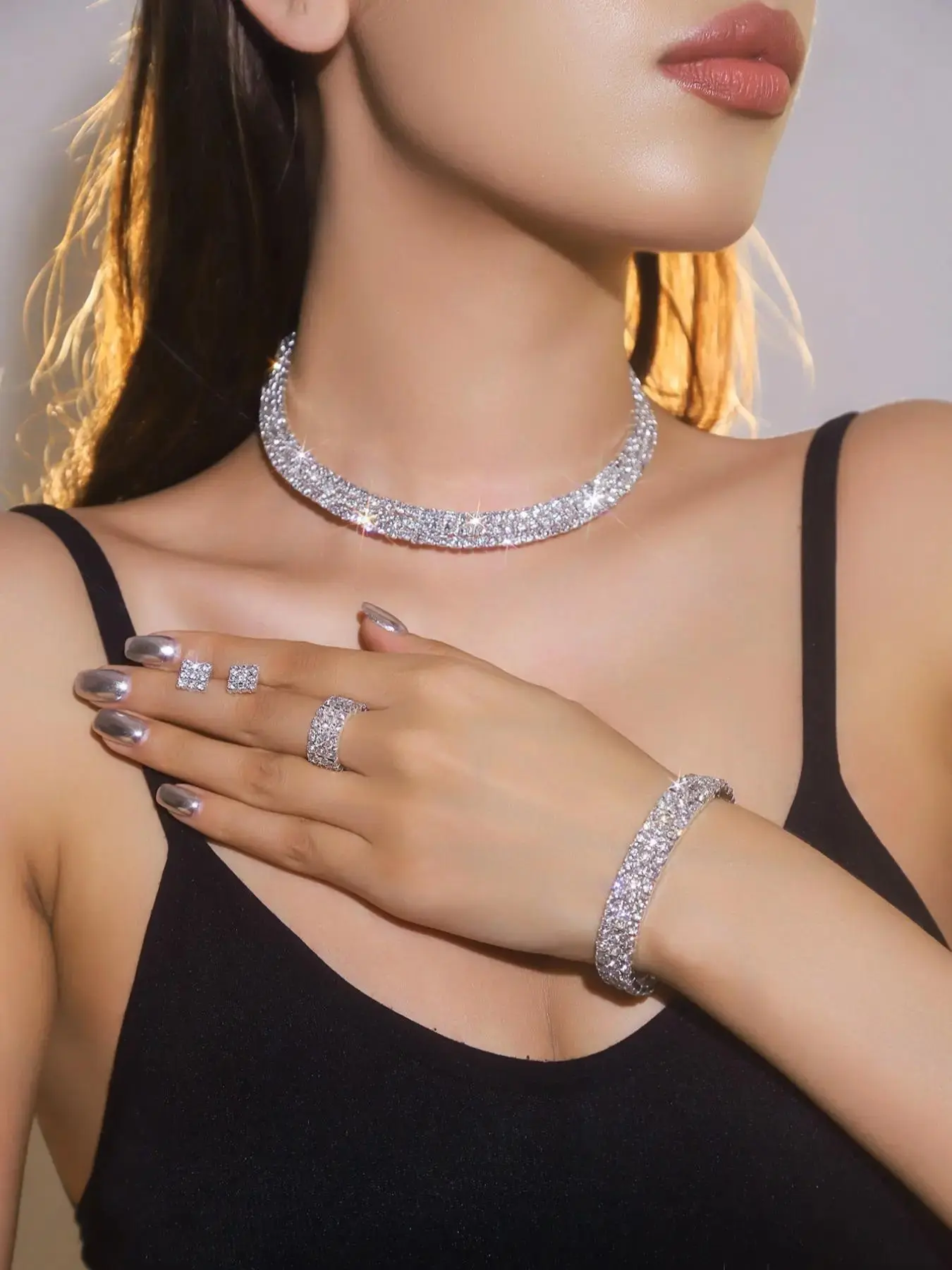 5 Sparkling and Gorgeous Bridal Wedding Jewelry Set, Multi Drainage Diamond Necklace, Earnail Bracelet, Ring Combination Set, Wedding Party Banquet Wedding Dress, Evening Dress Accessories Set, Bridal Jewelry Set for Wedding