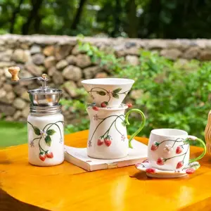 Strawberry Ceramic Hand-Crank Coffee Grinder Set, Home Manual Pour-Over Coffee Maker, Milk Jug, Cup & Saucer Series, Coffee Accessories