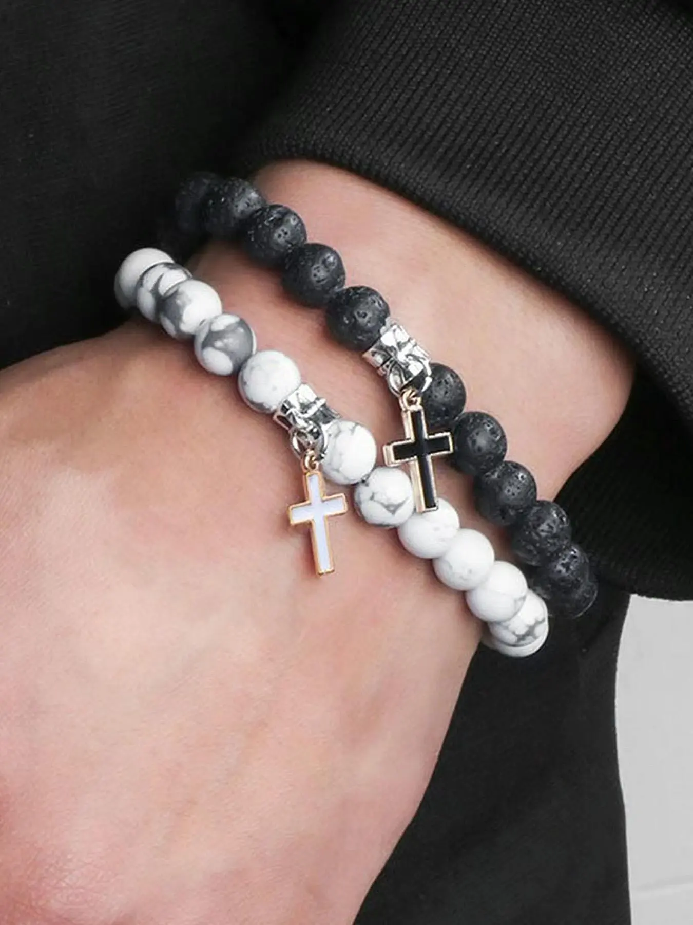 Two-piece Turquoise & Volcanic Stone Cross Couple Bracelets, Minimalist Luxury Style, Clear Natural Stone Texture, Exquisite Cross Design, For Couple Matching, Daily Commute, Suitable for Couples, High Quality Bracelet, Premium Bracelet