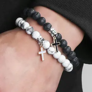 Two-piece Turquoise & Volcanic Stone Cross Couple Bracelets, Minimalist Light Luxury Style, Clear Natural Stone Texture/Exquisite Cross Design, For Couple Matching/Daily Commute, Suitable for Couples Pursuing Niche Texture, Premium Bracelet