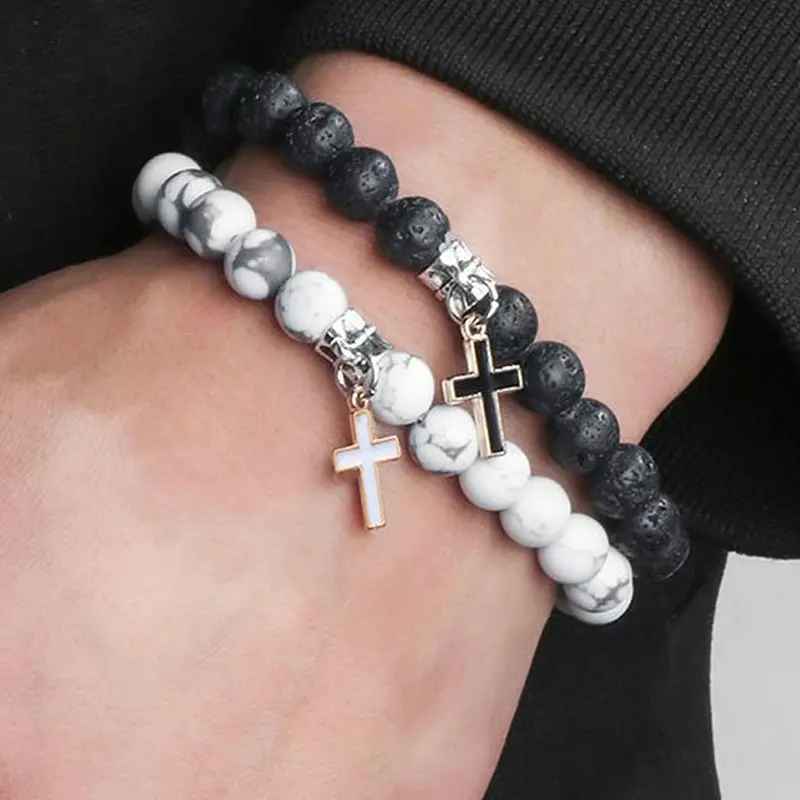 Two-piece Turquoise & Volcanic Stone Cross Couple Bracelets, Minimalist Luxury Style, Clear Natural Stone Texture, Exquisite Cross Design, For Couple Matching, Daily Commute, Suitable for Couples, High Quality Bracelet, Premium Bracelet