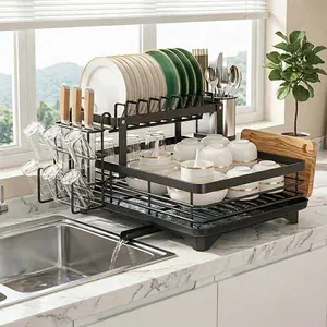 2-Tier Dish Drying Rack, Satisfying Kitchen Cleanup Organizer with Easy Drain Storage for Daily Dish Mess And Tiny Counters