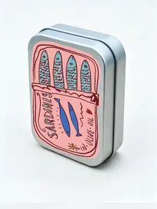 Silver Rectangular Hinged Metal Tin with Sardine Pattern, a DIY Mini Portable Case, Compact Storage Container, Organiser. Ideal for storing jewelry, pills, sewing supplies, and more; also makes a gift for Mother's Day