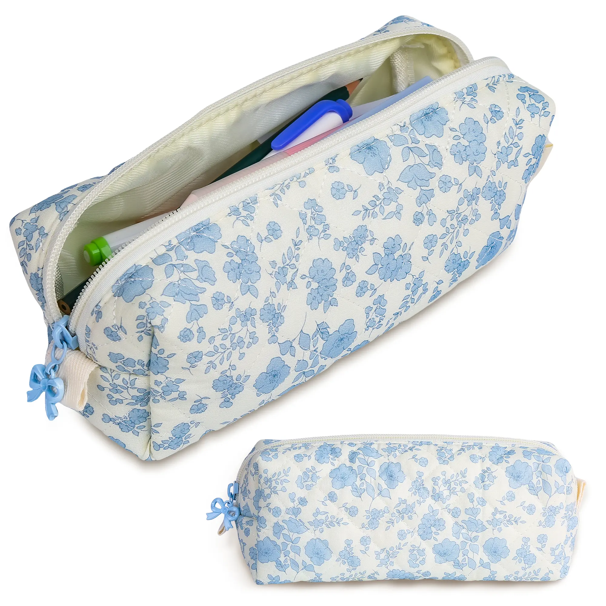 Cute Quilted Pencil Case for Girls Women, Aesthetic Small Floral Pencil Pouch,Slim Soft Pencil Bag for School Supplies Makeup Pouch for School & Daily Use