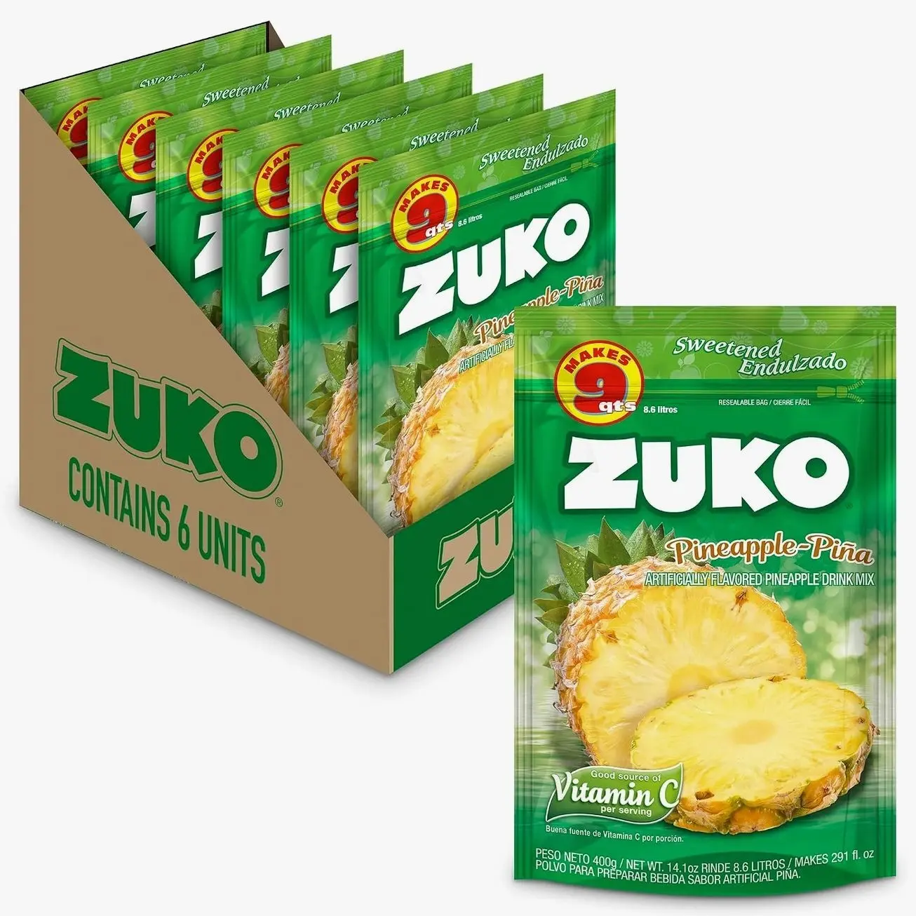Zuko Pineapple Powdered Drink Mix Family Pack, No Added Sugar Needed, 14.1 oz (Pack of 6)