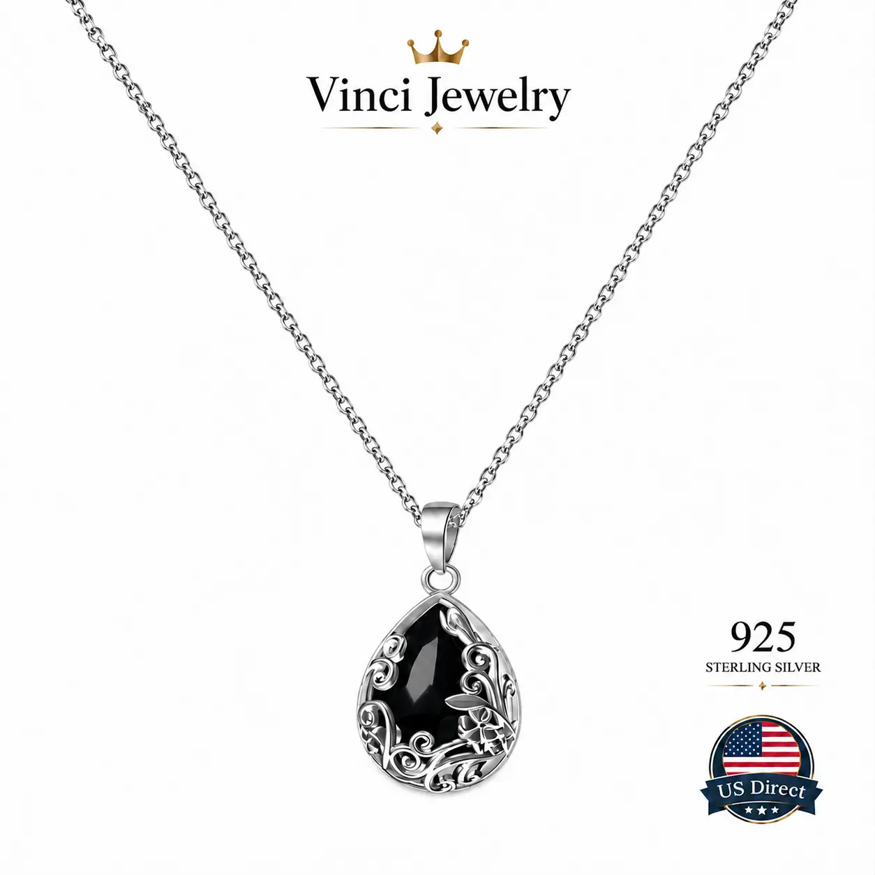 925 sterling silver Vintage Black Obsidian Teardrop Pendant Necklace Elegant Floral Gothic Inspired Crystal Necklace Minimalist Statement Jewelry for Women Everyday Wear Wedding Party Anniversary Birthday Holiday Gift Classic Fashion Accessory