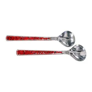 Handmade Art Luxury Silver-Plated Serving Spoons Set of 2 - Unique Beads Detail with Peruvian Huayruro Seeds Beads, Kitchenware Cutlery Tableware