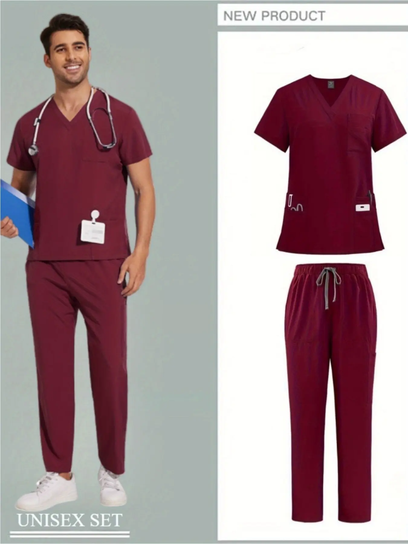 Summer Two-Piece Solid Color Stretch Scrub Set - Short Sleeve with Pockets, Micro Elastic Polyester Fabric, Drawstring Pants - Medical & Health Care Uniform for Men, Casual Wear Burgundy