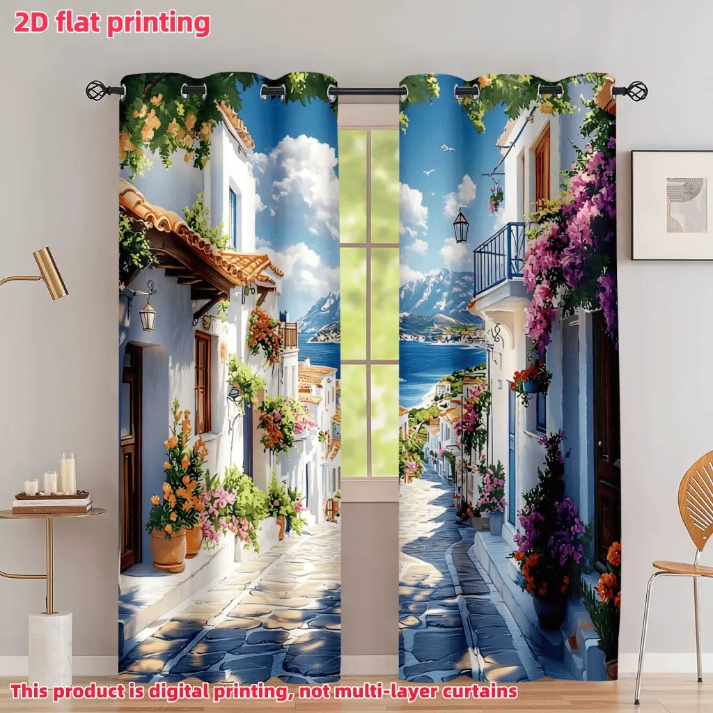 2D Flat 2Pcs Mediterranean Townscape Print Curtains, Vibrant Street Scenery with Sea and Mountain View, Light Filtering Privacy Window Drapes, for Living Room, Bedroom, Balcony, Kitchen, Study Decor, Accessory, Anti Privacy.