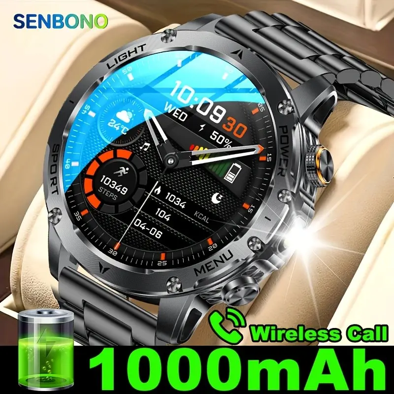 SENBONO Outdoor Sports Smartwatch, 8773EW Chip, More Stable Functions, 1000Mah Large Battery, Led Flashlight, Wireless Calling, 102+Sports Mode, Step Counting, Distance, Calories, Smart Watch for Men, Ideal Gift For Men