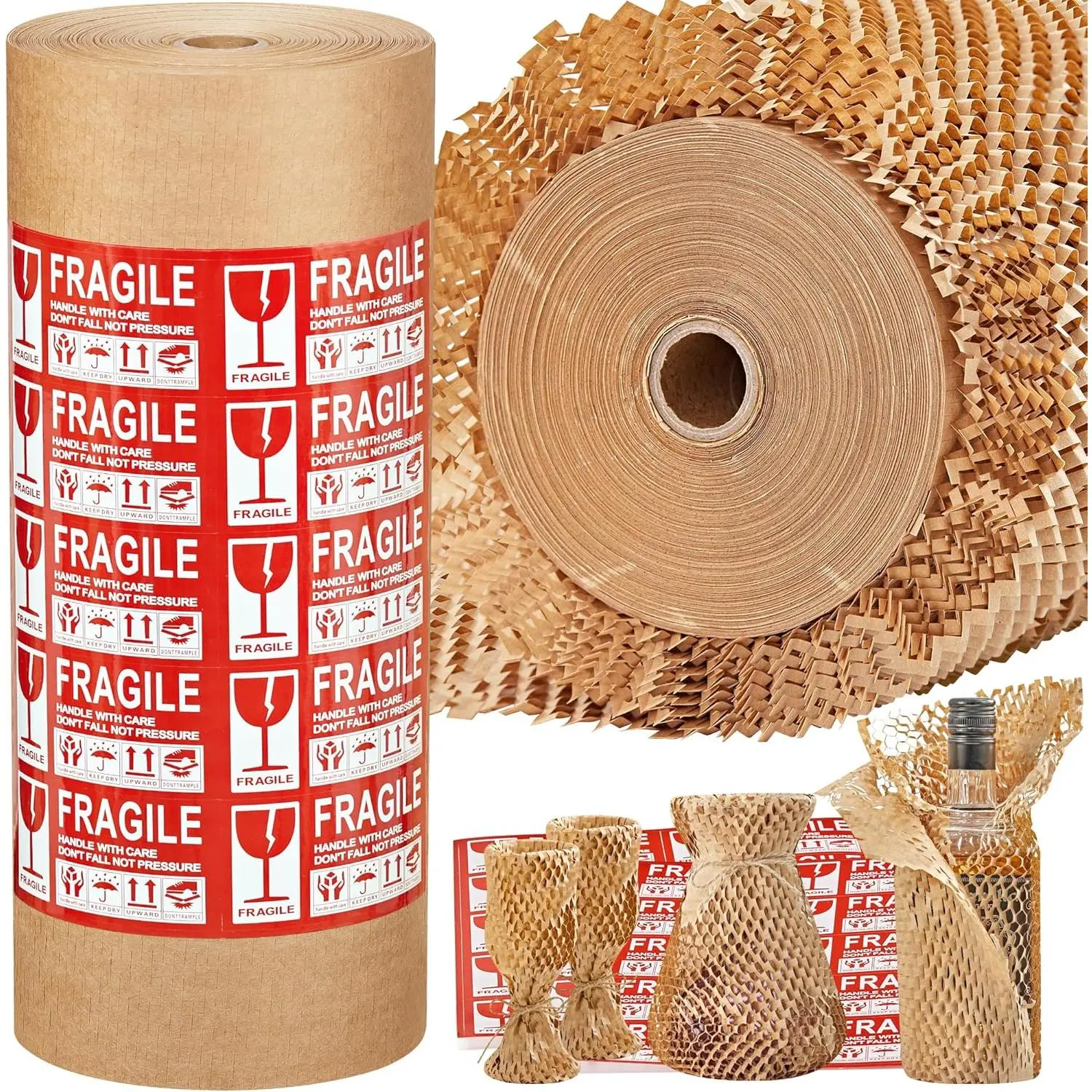 Honeycomb Packing Paper, 15 * 400' Packing Wrap for Packing/Shipping/Moving, Recyclable Honeycomb Cushioning Wrap Roll, Moving & Gifts Wrapping Paper With 30 Fragile Sticker Labels