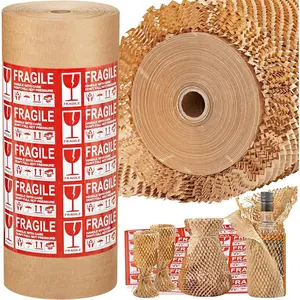 Honeycomb Packing Paper, 15 * 400' Packing Wrap for Packing/Shipping/Moving, Recyclable Honeycomb Cushioning Wrap Roll, Moving & Gifts Wrapping Paper With 30 Fragile Sticker Labels