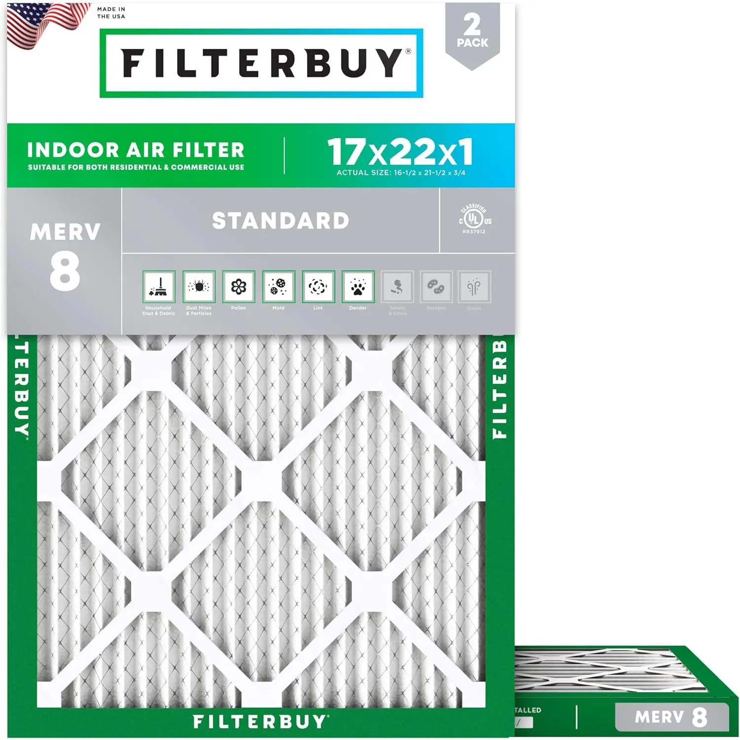 Filterbuy Replacement HVAC AC Furnace Air Filter (2-Pack Value), 17x22x1 In Nominal Size, 16.50x21.50x0.75 In Actual Size, Pleated MERV 8 Dust Defense, Electrostatically Charged Polypropylene Eco-Friendly Filter