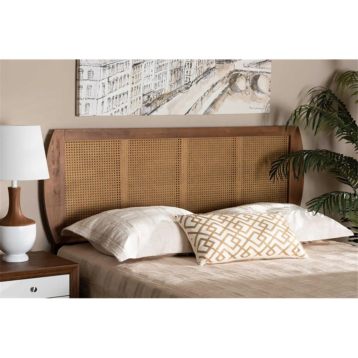 Wholesale Interiors Harris Mid-Century King Size Headboard - MG9734-Ash Walnut, Wood & Synthetic Rattan Weave, Adjustable Leg Headboards, Rattan Weave Headboards