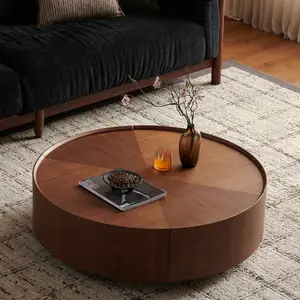Elon Round Coffee Table Walnut Wood Living Room Decor 39.3 Inch Mid Century Modern Circular Center Table Aesthetic Furniture for Bedroom Apartment Decor Office Setup Minimalist Home and Room Makeover Interior Essentials