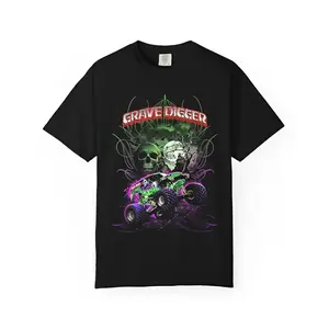 Youth and Adult Monster Truck Grave Digger Neon Skull Moon Graphic Tee, Monster Jam Off-Road Motorsports Shirt for Fans, USA-Made & Printed Apparel	