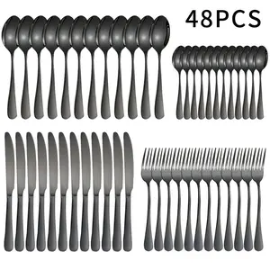 [Dishwasher Safety] Stainless Steel Silver-Black Tableware Set for Western Cuisine | a Set of 48/4 Pieces for 1-12 People | Mirror-Polished, Suitable for Home Restaurants and Hotels | Silverware Including Knives, Forks, Spoons, Dessert Spoons