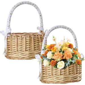 2 Pack Flower Girl Basket, Small Wicker Basket with Handle  Liner, Rustic Handwoven Rattan Basket for Wedding , Sweets, Easter Gifts