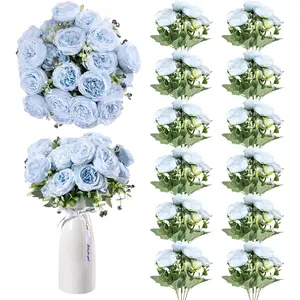 12 Bundles Peonies Artificial Flowers Real Touch Silk Faux Flowers Rose Bouquet Fake Plants for Centerpiece Table Wedding Party Home Decor, Blue Peonies