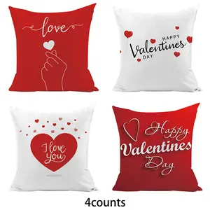 Valentine's Day Themed Cushion Cover, 4 Counts/set Lovely Heart Pattern Pillow Cover without Filler, Household Decoration Supplies for Home Living Room Bedroom