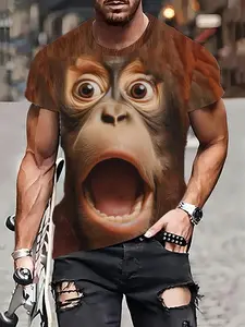 Men's Casual Gorilla Face Graphic T-Shirt - 100% Polyester, Short Sleeve, Round Neck, Machine Washable, Summer Streetwear, Lightweight