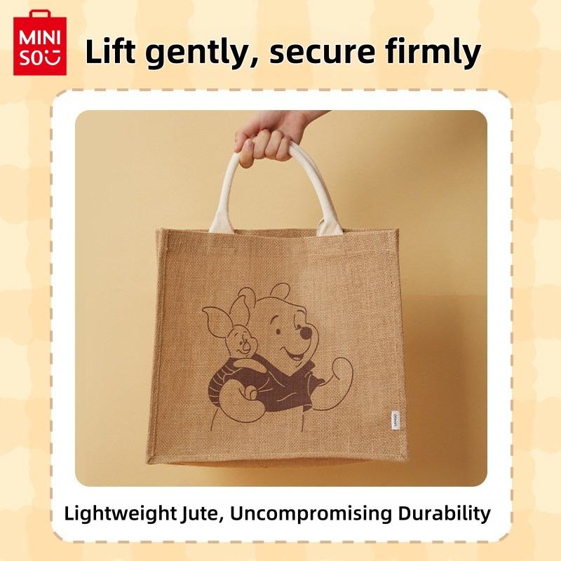 MINISO Disney Winnie The Pooh Series Large-Capacity Jute Tote Bag - Printed Shoulder Shopper, Versatile Daily Commute Accessory For Women Holiday & Holiday Haul